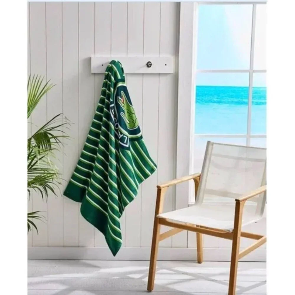 NIP Lacoste Paris Croc Logo Beach Towel Green Striped 36x72 Cotton Velour Pool